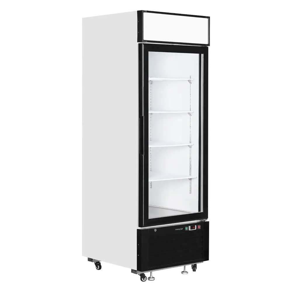 Vit TEFCOLD LGF2500 Displayfrys i öppet läge med synliga hyllplan.
