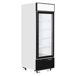 Vit Tefcold LGF2500 Displayfrys i öppet läge med synliga hyllplan.