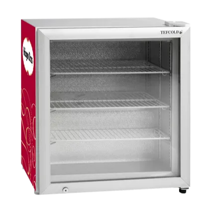 Tefcold UF100G Displayfrys med röd varumärkessida och tom inredning