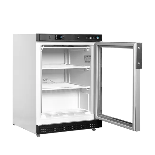 Tefcold UF200G frys med öppen glasdörr och tre justerbara hyllor för flexibel förvaring.