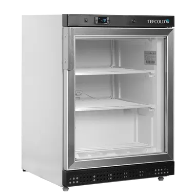 Tefcold UF200G frys med glasdörr, svart ovandel och perforerat frontgaller.