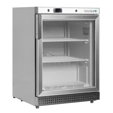 Tefcold UF200SG frys i rostfri finish med glasdörr och kompakt design för kommersiellt bruk.