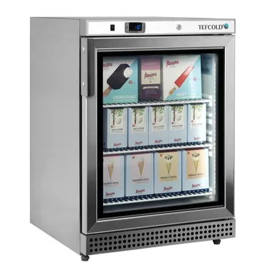 Fylld Tefcold UF200VG Displayfrys med glassförpackningar.