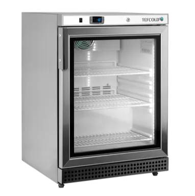Öppen Tefcold UF200VSG Displayfrys med tomma hyllor och belysning.