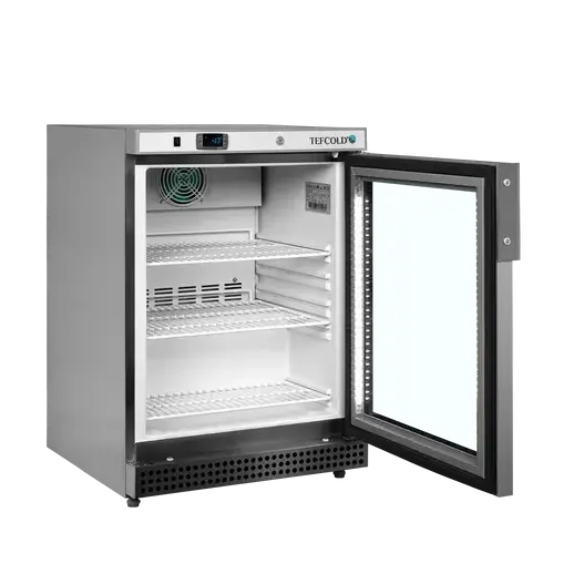 Öppen Tefcold UF200VG Displayfrys med två hyllplan och glasdörr.