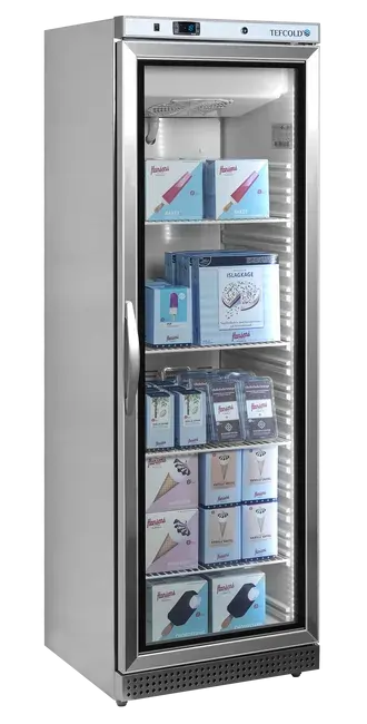Tefcold UF400VG Displayfrys fylld med glassförpackningar från Fryst