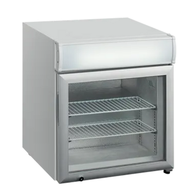 Tefcold UF50GCP kylskåp i standardutförande utan branding, med glasdörr och två hyllor.