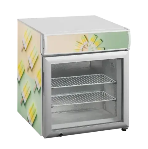 Tefcold UF50GCP kyl med stilren grafisk design i pastellfärger, visad tom med två hyllor.