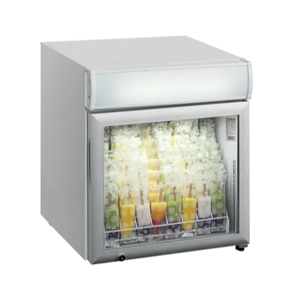 Tefcold UF50GCP bänkdisplay med glasdörr, fylld med is och färgglada flaskor.