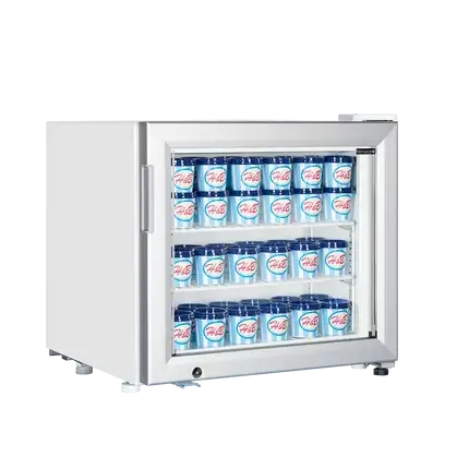 Tefcold UF50G liten frys med glasdörr, fylld med glassbägare i butiksmiljö.