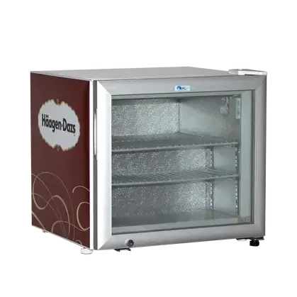 Tefcold UF50G kompakt glassfrys med glasdörr och Häagen-Dazs design, idealisk för butik eller café.