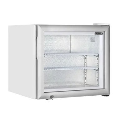 Kylskåpet Tefcold UF50G med vit exteriör och två hyllplan inuti, visad i tomt skick.