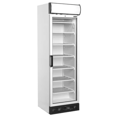 Framifrån vy av tom Tefcold UFFS371GCP Displayfrys med glasskylt