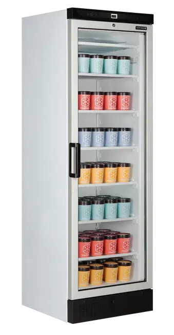 Fylld TEFCOLD UFFS371G Displayfrys med färgglada glassbägare
