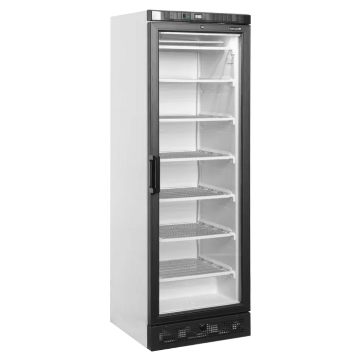 TEFCOLD UFSC371G Displayfrys med glasdörr och metallhyllor framifrån