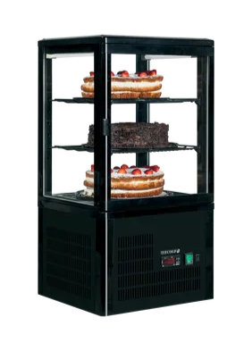TEFCOLD UPD60 svart kylmonter med tre tårtor exponerade på glashyllor bakom helglasade sidor.