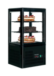 Tefcold UPD60 svart kylmonter med tre tårtor exponerade på glashyllor bakom helglasade sidor.