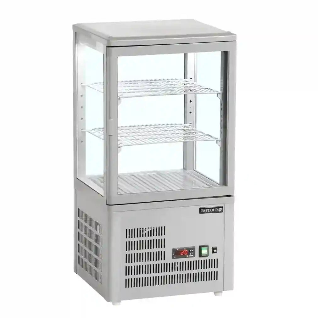 TEFCOLD UPD60 kylmonter i grått utförande med två gallerhyllor och glas på alla sidor för full insyn.