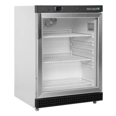 Tefcold UR200G kylskåp med stängd glasdörr och tom inredning.