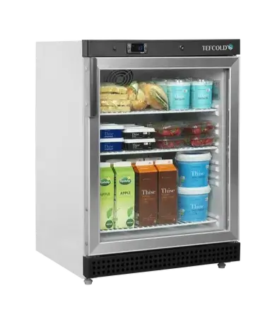 Tefcold UR200G med glasdörr fylld med livsmedel som juice och mejeriprodukter.