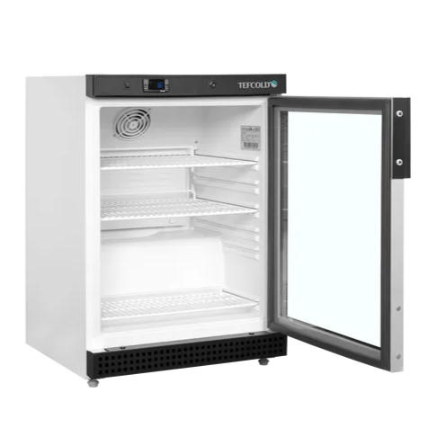 Tefcold UR200G kylskåp med öppen glasdörr och tomma hyllor.