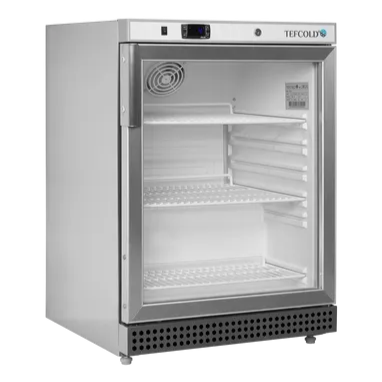 Tefcold UR200SG visad i öppen position med tydlig insyn på metallhyllor.