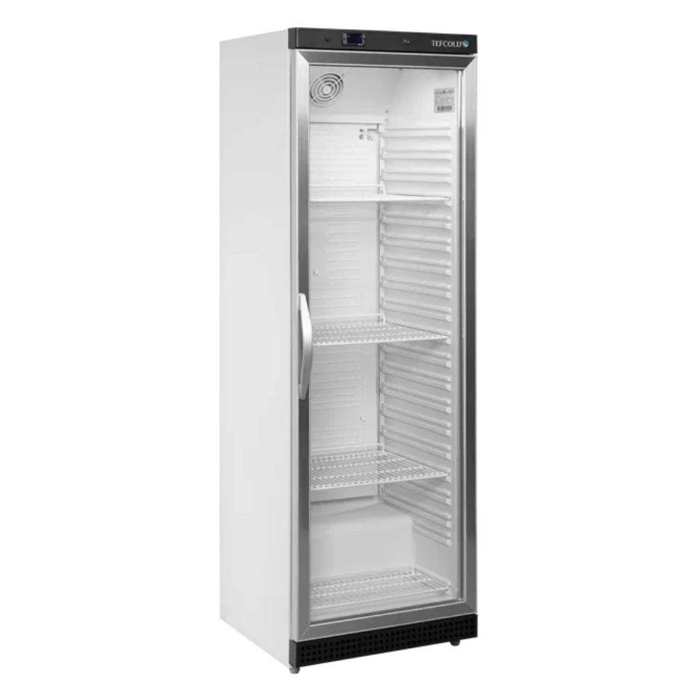 TEFCOLD UR400G Dryckeskyl med vita trådhyllor och glasdörr.