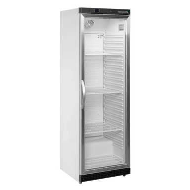 TEFCOLD UR400G Dryckeskyl med vita trådhyllor och glasdörr.