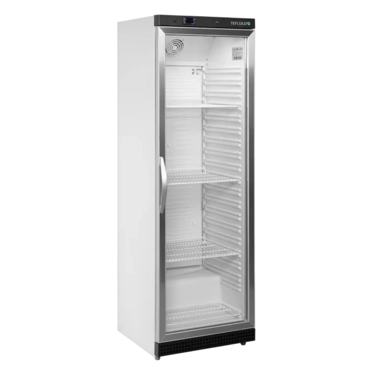 TEFCOLD UR400G Dryckeskyl med vita trådhyllor och glasdörr.