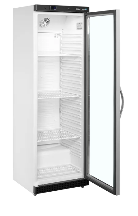 Tefcold UR400G Displaykyl öppen med tomma hyllor och glasdörr.