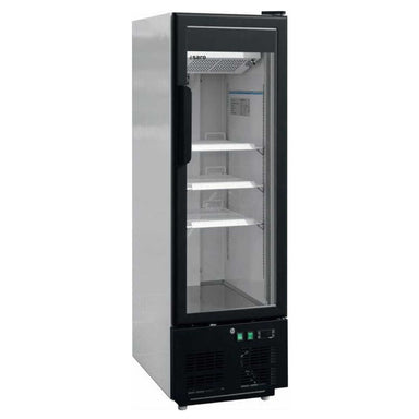 Smal SARO EK 199 Displayfrys med glasdörr och fyra invändiga hyllor.