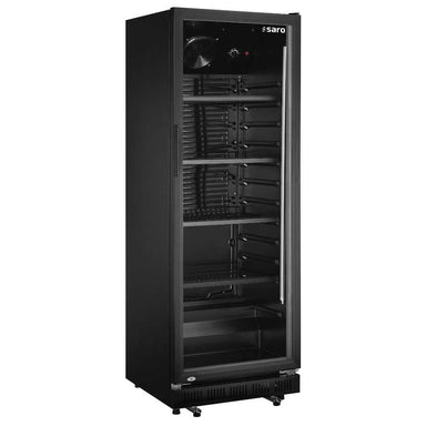 Svart SARO GTK 360 Displaykyl med justerbara hyllor, glasdörr och invändig fläkt.