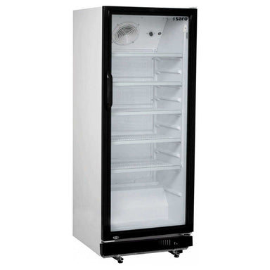 SARO GTK 310 Displaykyl med glasdörr, justerbara hyllor och svart front.