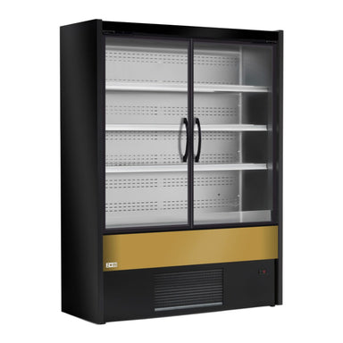 Framifrån vy av Zoin Olimpo ES väggkyl med skjutdörrar i glas.