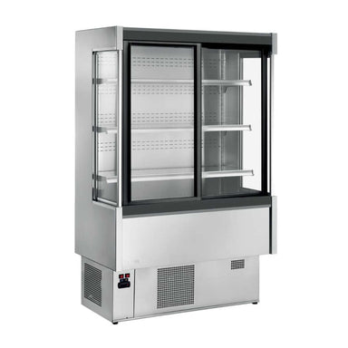 Zoin Silver väggkyl med glasdörrar och flera hyllplan.