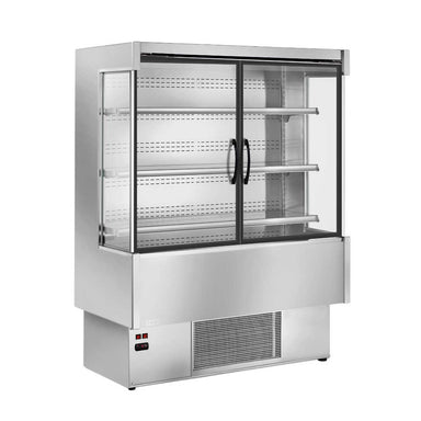 Zoin Silver ES väggkyl med dubbla skjutdörrar och hyllor.