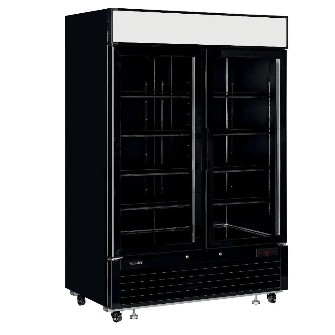 TEFCOLD LGF5000 displayfrys svart modell med två glasdörrar och tomma hyllor