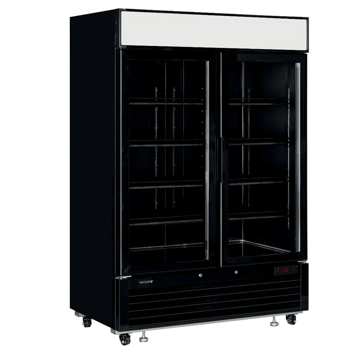 TEFCOLD LGF5000 displayfrys svart modell med två glasdörrar och tomma hyllor