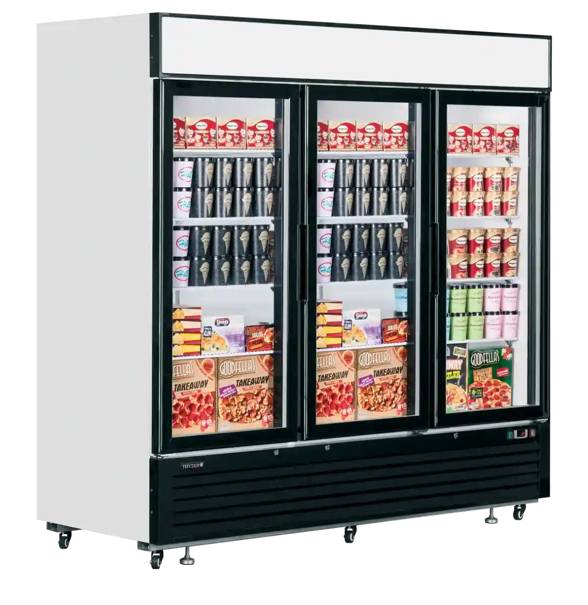 TEFCOLD LGF7500 displayfrys fylld med glass och frysta varor