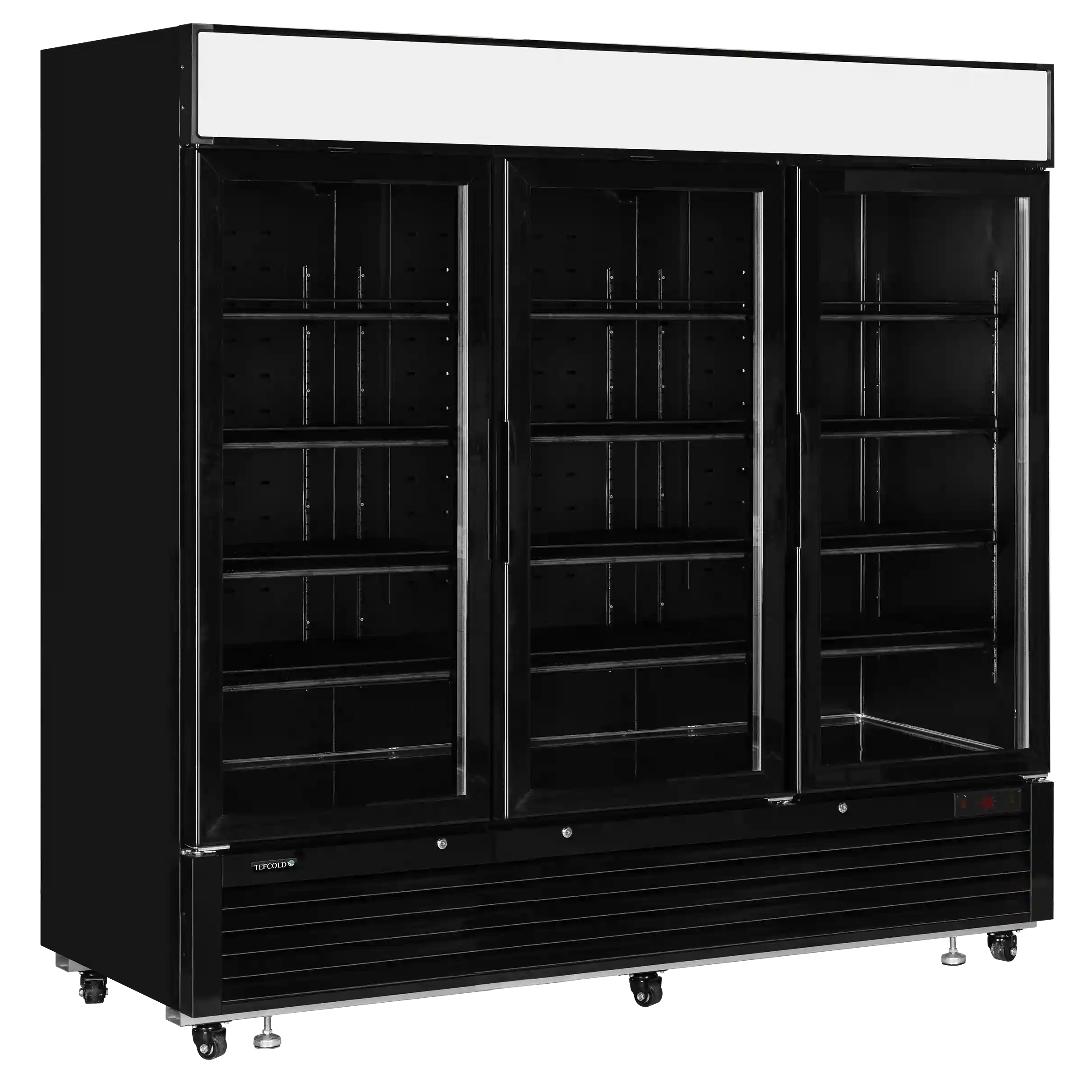 TEFCOLD LGF7500 displayfrys svart modell med två glasdörrar och tomma hyllor