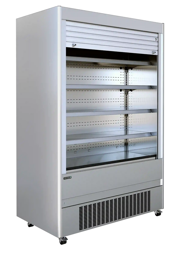 TEFCOLD MCX130M väggkyl öppnad med hyllplan och jalusi upptill