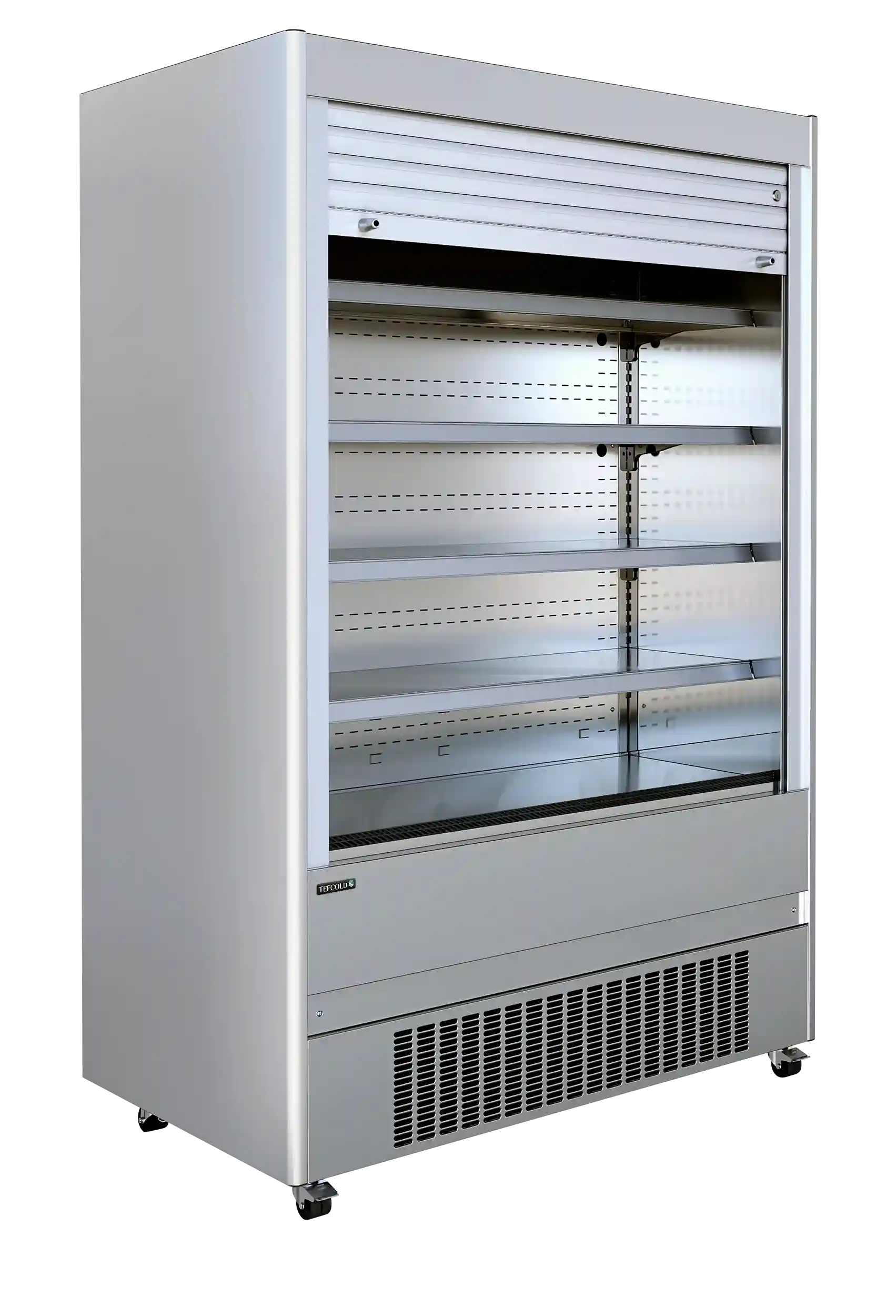 TEFCOLD MCX130M väggkyl öppnad med hyllplan och jalusi upptill