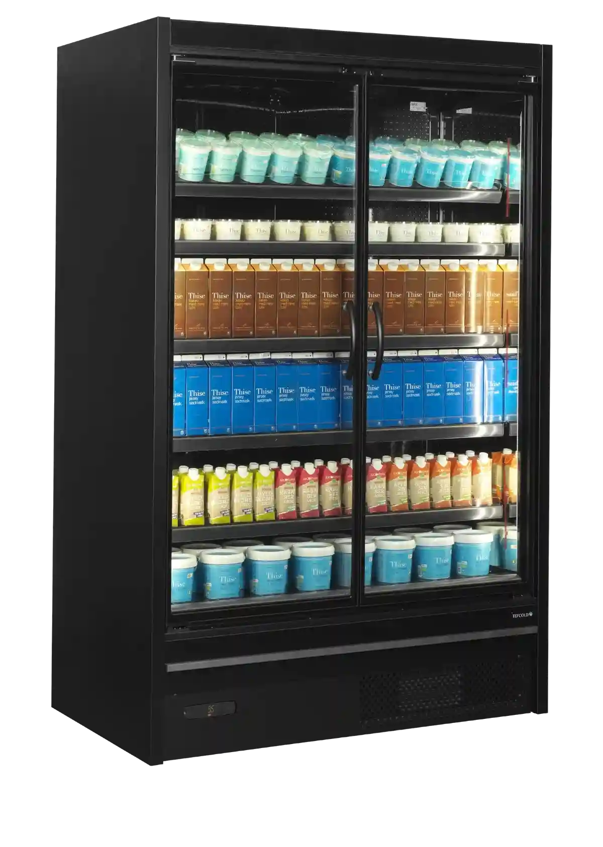 TEFCOLD MDCA1250HB väggkyl fylld med mejeriprodukter och dryck