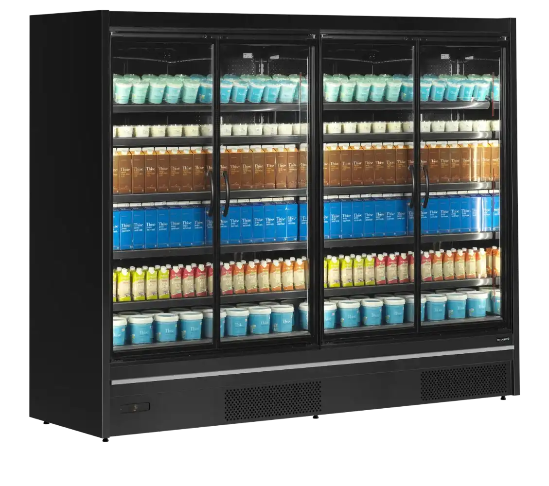 TEFCOLD MDCA2500HB väggkyl fylld med mejeriprodukter och dryck