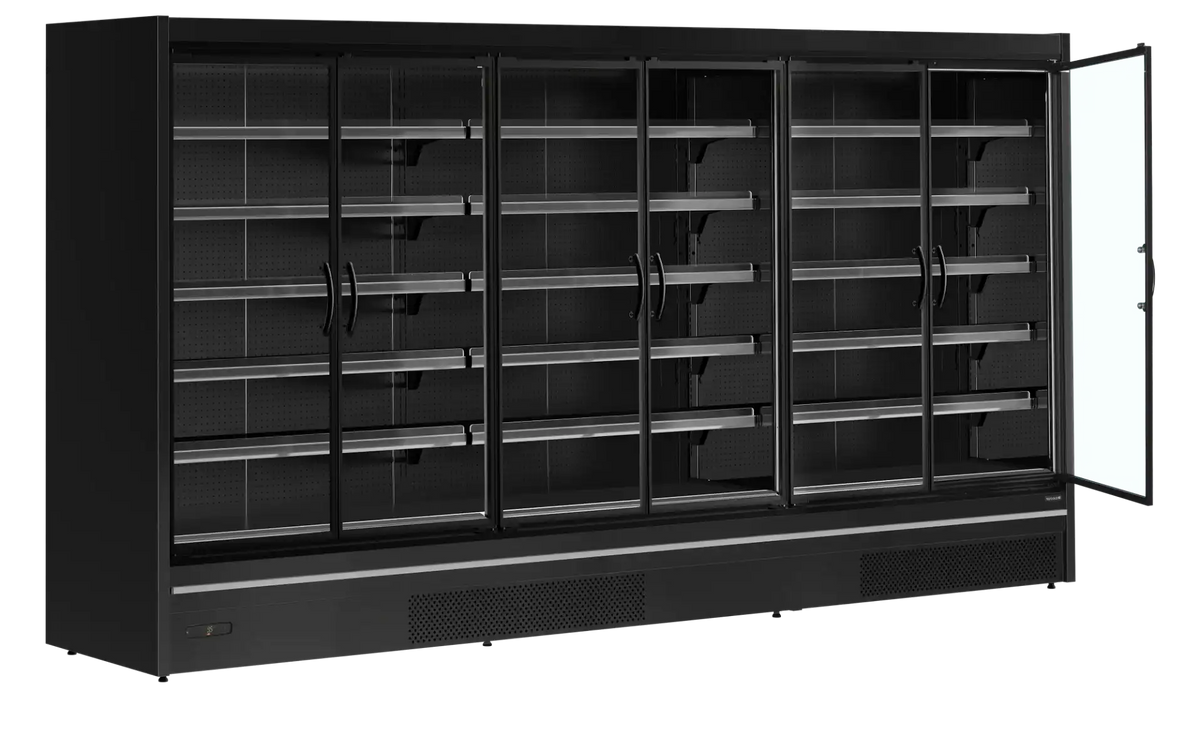 TEFCOLD MDCA3750HB väggkyl öppnad med hyllplan och glasdörrar