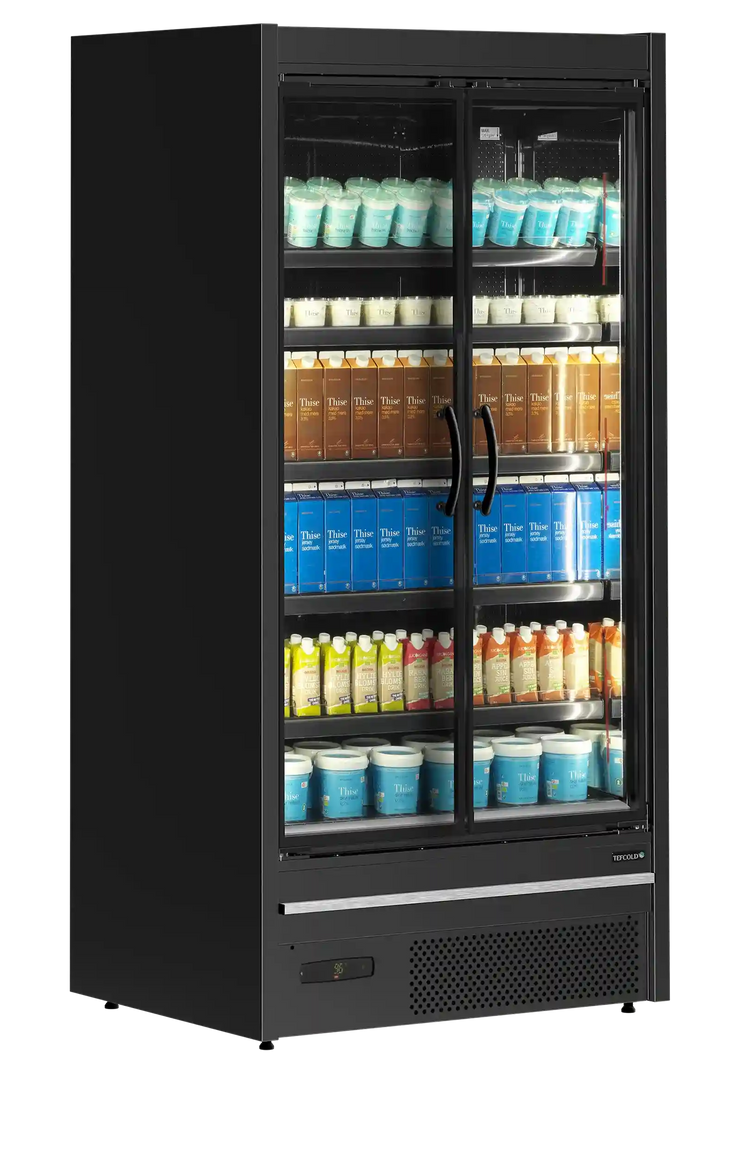 TEFCOLD MDCA937HB väggkyl fylld med mejeriprodukter och dryck