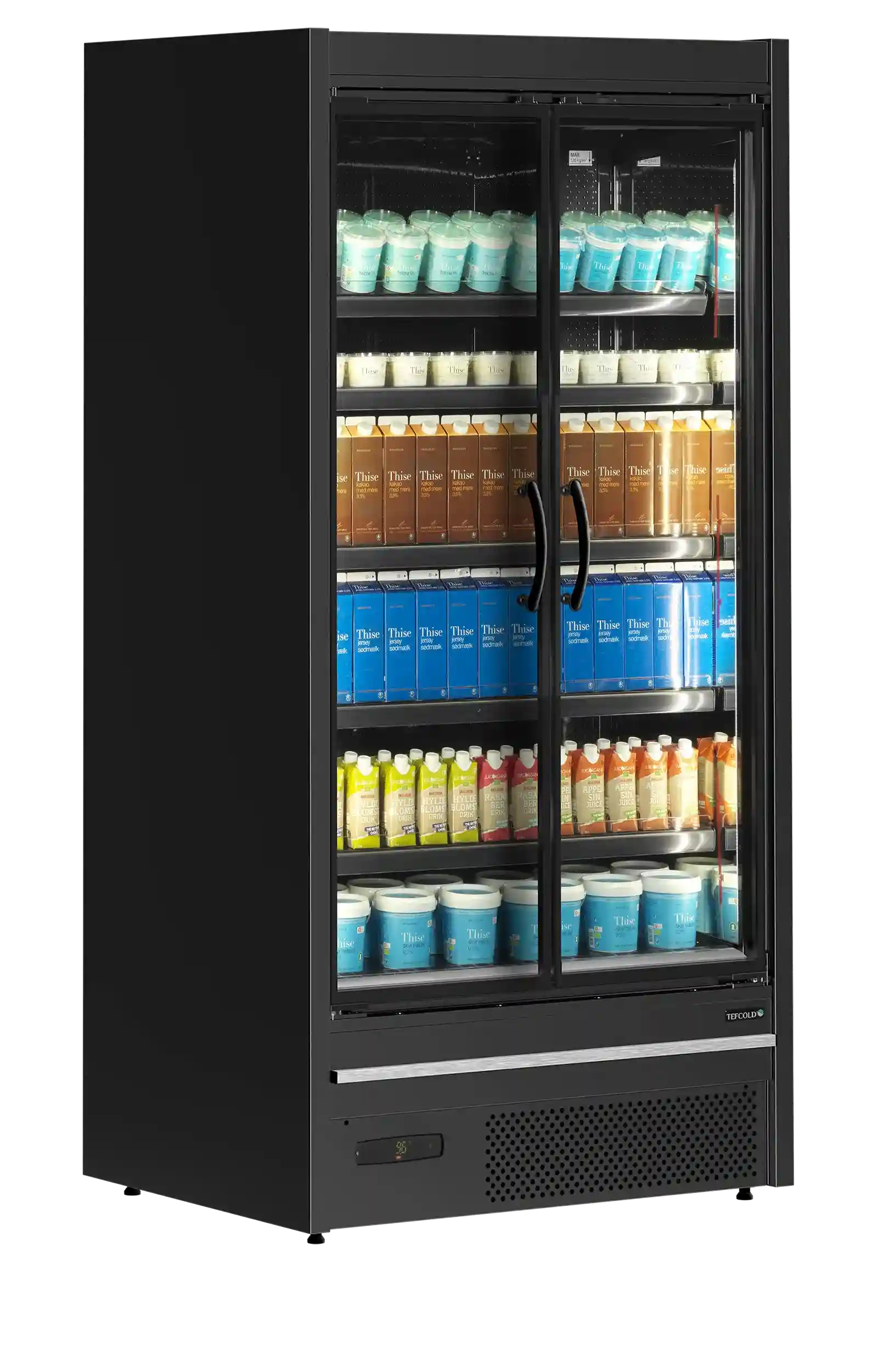 TEFCOLD MDCA937HB väggkyl fylld med mejeriprodukter och dryck