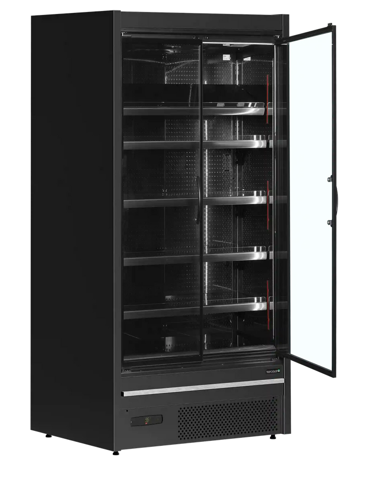TEFCOLD MDCA937HB väggkyl med öppen glasdörr och tomma hyllor
