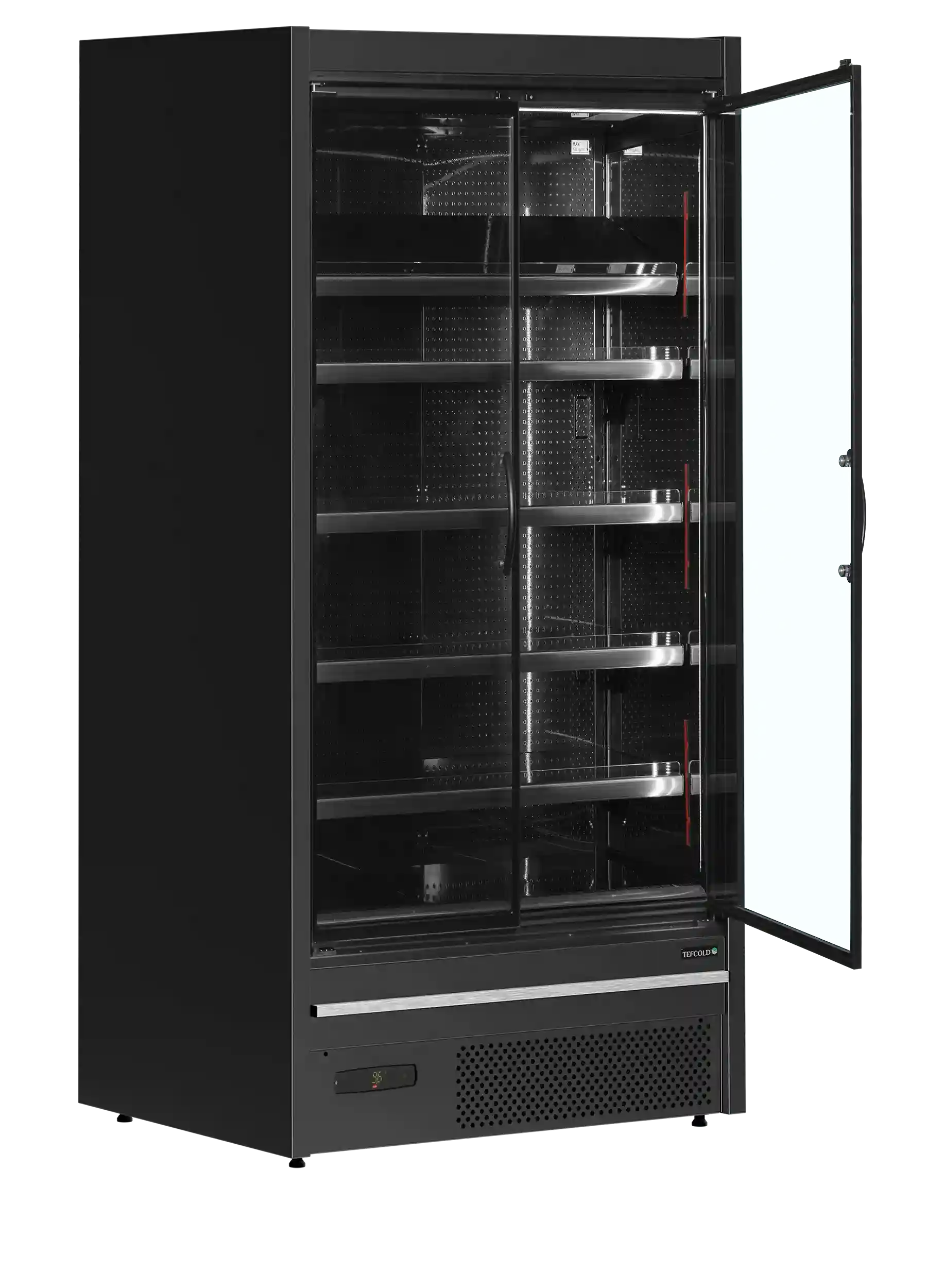 TEFCOLD MDCA937HB väggkyl med öppen glasdörr och tomma hyllor