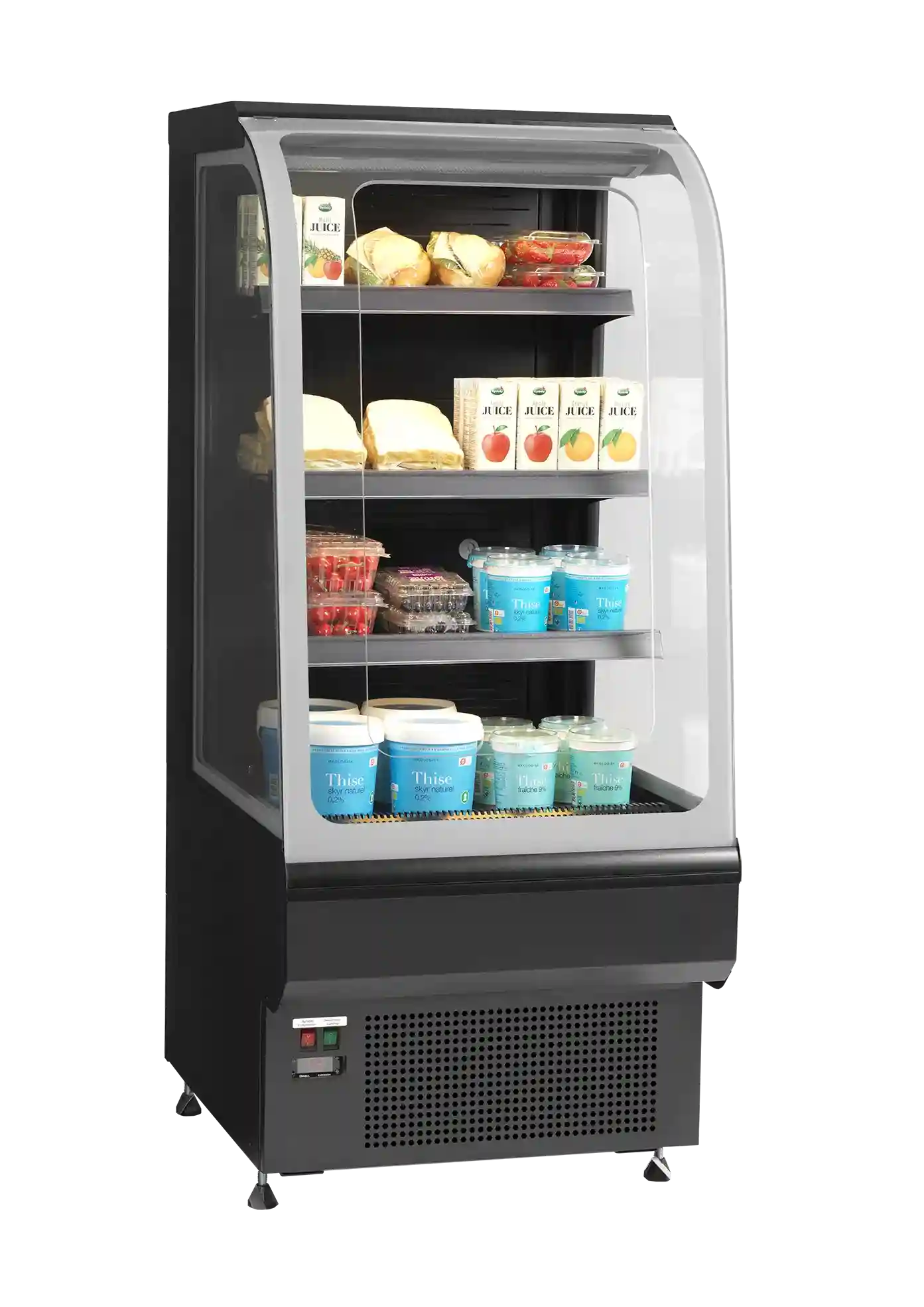 TEFCOLD NOC60CC Kylmonter fylld med juice, bär och mejeriprodukter.